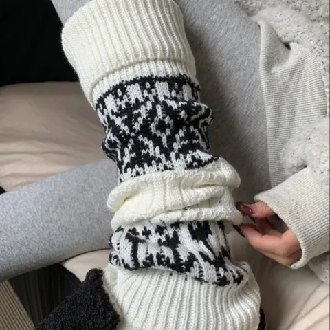 Donna Inverno Caldo Spesso Lana Fair Isle Scaldamuscoli Retro Motivo Diamante Slouchy Polsini per Stivali Calze di Maglia