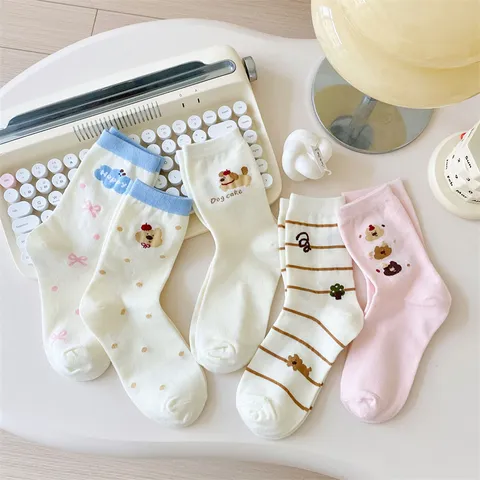 Calze al Polpaccio Carine in Stile Giapponese Cartoon Stampate da Donna Fiocco Pois Cucciolo Rigate Cotone Casual