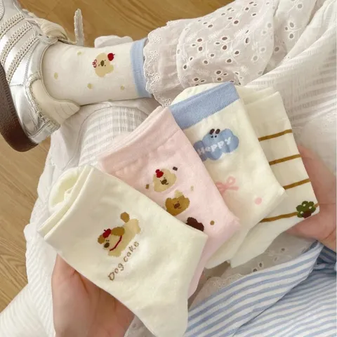 Calze al Polpaccio Carine in Stile Giapponese Cartoon Stampate da Donna Fiocco Pois Cucciolo Rigate Cotone Casual