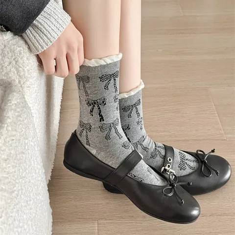 Dames Casual Sokken met Strik en Halverwege de Kuit Koreaanse Stijl Contrastkleurige Manchet Katoen Jacquard