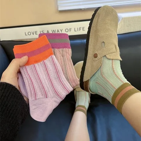 Calze a Metà Polpaccio in Cotone Stile Coreano da Donna Estate Sottile Maglia Traspirante A Righe Colorblock Casual Quotidiano