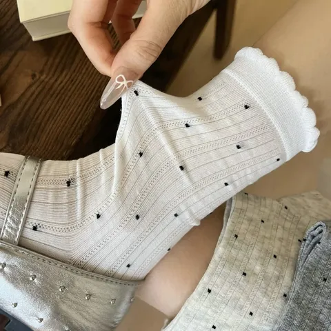Women Sweet Japanese Style Ruffle Dot Crew Socks Cotton Mesh Breathable Casual Daily Fashion Hosiery Cute Ballet Core Socks