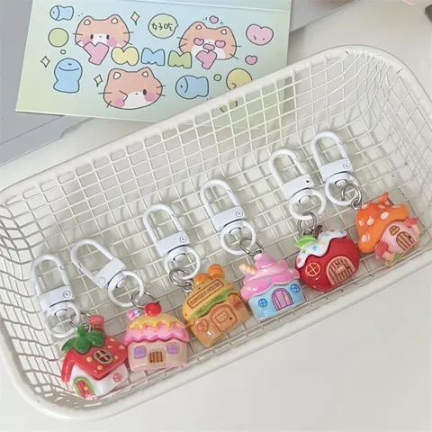 Cute Cartoon Resin House Keychain Creative Ice Cream Burger Apple Bag Pendant Student Key Ring