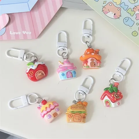 Cute Cartoon Resin House Keychain Creative Ice Cream Burger Apple Bag Pendant Student Key Ring