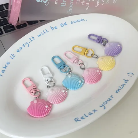Dreamy Gradient Shell Keychain Cute Artificial Pearl Bag Charm Cartoon Resin Keyring Creative Gift For Women Girls Accessories