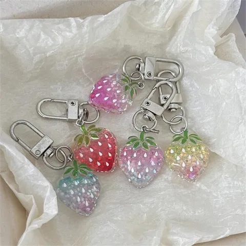 Transparent Fine Glitter Gradient Strawberry Keychain Cute Cartoon Bag Pendant Student Gift Accessories