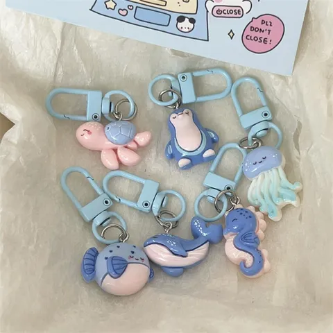 Cute Cartoon Marine Animal Keychain Silicone Penguin Turtle Whale Jellyfish School Bag Pendant Gift