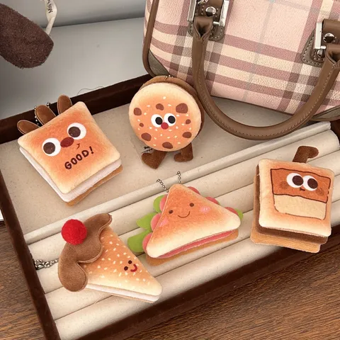 Cute Plush Food Keychain Sandwich Bread Cookie Drink Pizza Bag Pendant Cartoon Anime Stuffed Toy Gift For Women And Kids