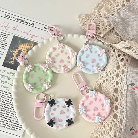 Cute Macaron Resin Plate Keychain With Bow Floral Pattern Bag Pendant Keyring For Women