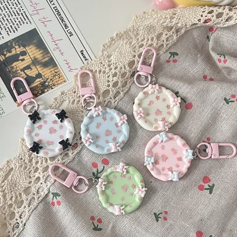 Cute Macaron Resin Plate Keychain With Bow Floral Pattern Bag Pendant Keyring For Women