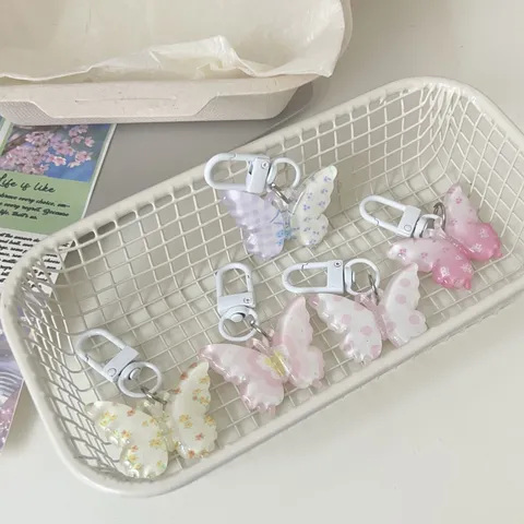 Clear Jelly Butterfly Keychain Floral Polka Dot Bag Charm Cute Resin Pendant Aesthetic Key Ring For Women Girls Gift