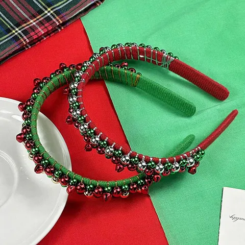 Diadema de Navidad Rojo Verde Terciopelo Banda Para La Cabeza Con Campanas Cuentas Festivo Accesorios Para El Cabello