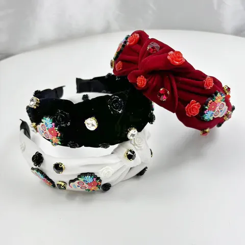 Halloween Skull Headband Rhinestone Rose Knotted Fabric Hair Hoop Festival Party Hair Accessories For Women