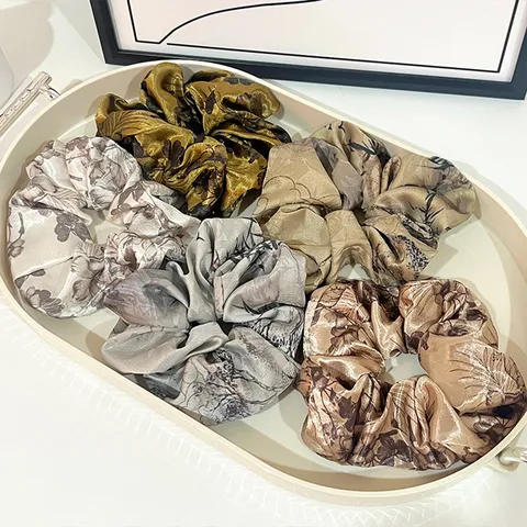 Vintage Κινεζικό Μελάνι Φλοράλ Ύφασμα Scrunchie Μαλλιών Με Κορδέλα Στρας Κομψό Ελαστικό Λάστιχο Μαλλιών Θήκη Αλογοουράς