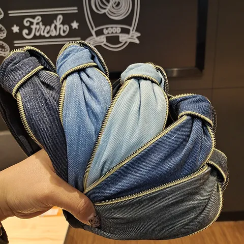 Μόδα Denim Φαρδιά Στήκα Μαλλιών Με Μεταλλικό Φερμουάρ Κόμπος Στήκα Casual Αξεσουάρ Μαλλιών για Γυναίκες Καθημερινό Styling