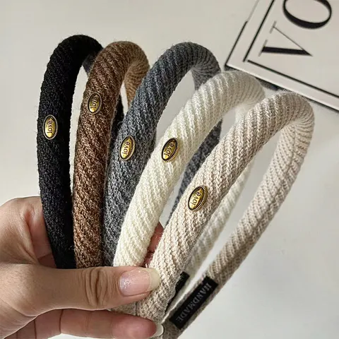 Womens Tweed Fabric Hair Hoop Fashion Twill Knotted Headband Metal Letter Decor Daily Hair Accessories For Girls