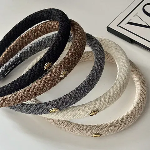 Womens Tweed Fabric Hair Hoop Fashion Twill Knotted Headband Metal Letter Decor Daily Hair Accessories For Girls