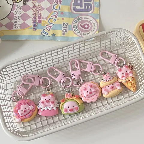 Cute Cartoon Piggy Food Play Keychain Resin Donut Ice Cream Burger Biscuit Cake Pendant Women Bag Charm Gift