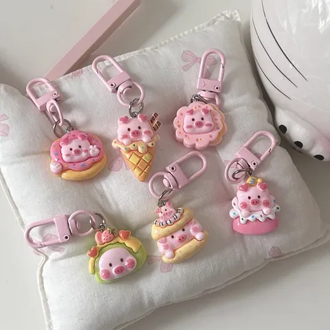 Cute Cartoon Piggy Food Play Keychain Resin Donut Ice Cream Burger Biscuit Cake Pendant Women Bag Charm Gift