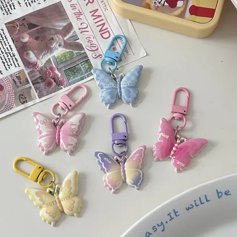 Colorful Letter Butterfly Keychain Plastic Resin Cute Cartoon Sweet Bag Pendant For Women Girls Daily Gift Accessories