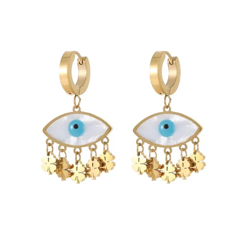 Stainless Steel Evil Eye Hoop Earrings Gold Plated Bohemian Shell Enamel Dangle Earrings Temperament Jewelry For Women