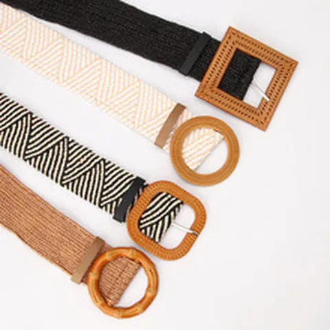 Bohemian Woven Straw Belt For Women Elastic Waist Belt With Wood Look Buckle Vintage Decorative Dress Belt For Vacation