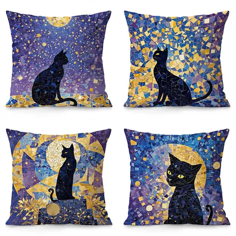 Fodera per Cuscino Decorativa in Velluto Gatto Notturno Doppio Lato Stampato Cielo Stellato Mosaico Per Divano Letto