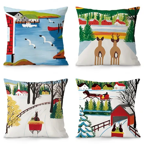 Fodera per Cuscino Decorativa in Velluto con Paesaggio d'Arte Popolare Nordica Fodera per Cuscino Quadrata per Divano Soggiorno