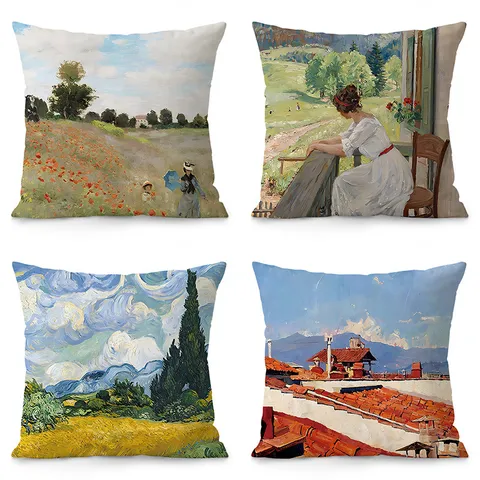 Funda de Cojín de Terciopelo con Pintura al Óleo Vintage Francesa Funda de Almohada Artística Minimalista Moderna Para Sofá Sala de Estar