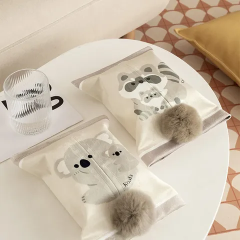Cute Animal Plush Tissue Box Cover Cartoon Koala Raccoon Sloth Tissue Holder Bag For Home Office Car Decor