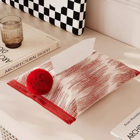 Modern Minimalist Fabric Tissue Box Cover Red Stripe Pattern Napkin Holder For Home Car Desktop Storage