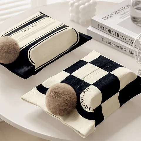French Style Black and White Checkered Tissue Box Cover Fabric Car Hanging Storage Pouch with Plush Pompom Home Decor
