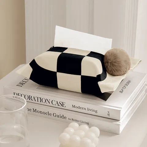French Style Black and White Checkered Tissue Box Cover Fabric Car Hanging Storage Pouch with Plush Pompom Home Decor