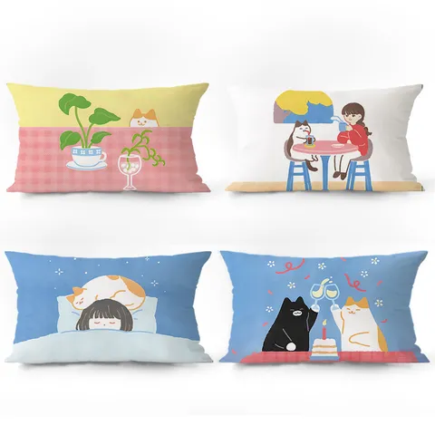 Nordic Cartoon Healing Cat Print Plush Throw Pillowcase Sofa Living Room Waist Pillow Decorative Cushion Cover