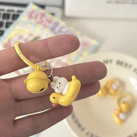 Cute Duck Rabbit Keychain Resin Cartoon Bag Pendant Yellow Bell Key Ring Charm