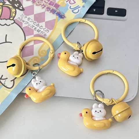 Cute Duck Rabbit Keychain Resin Cartoon Bag Pendant Yellow Bell Key Ring Charm