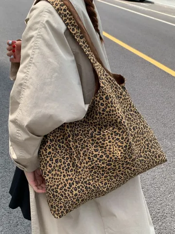 Große Kapazität Leopardenmuster Nylon Tragetasche Für Frauen Lässige Pendler Umhängetasche Einfache Mode Handtasche Top Griff Tasche