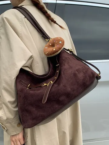 Retro PU Leder Wildleder Umhängetasche Für Damen Casual Chic Achsel Tote Tasche Mit Donut Anhänger Modische Pendler Handtasche