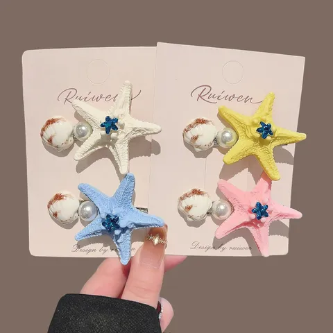 Pinza de Pelo de Estrella de Mar Colorida Dulce Lindo Flequillo Lateral Pinzas Resina Perla Artificial Strass Accesorios de Cabello Mujer