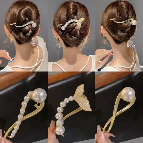 Horquilla Elegante para Mujer Aleación Perla Artificial Cola de Pez Accesorios de Cabello de Moda