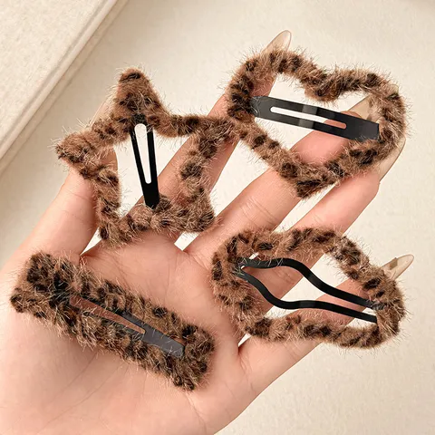 Pinza de Pelo de Peluche con Estampado de Leopardo Lindo Estrella Geométrica Corazón Horquilla Accesorios de Pelo para Mujeres