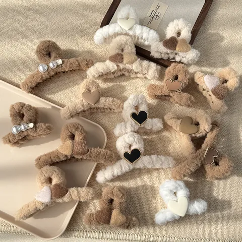 Pinza de Pelo de Peluche Linda Otoño Invierno Pinza de tiburón Grande con Diseño de Oso de Corazón Tostada Accesorios de Pelo Suaves para Mujeres