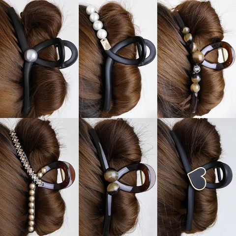 Pinza de Pelo Grande Para Cabello Grueso Negro Mate Estrass Perla Pinza de Pelo Accesorios de Moda Para Mujeres