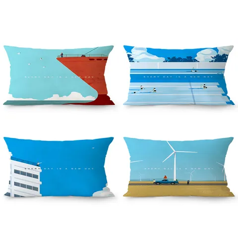 Fodera per Cuscino in Velluto Blu Nordico Stampa Paesaggio Artistico per Divano Soggiorno Decorazione Casa