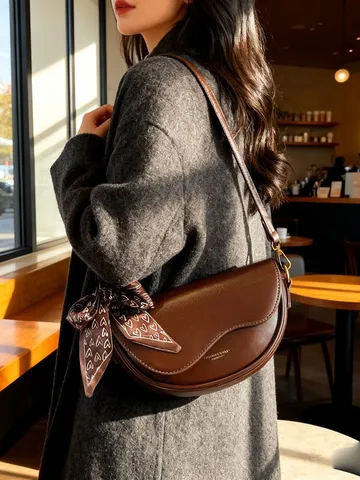 Minimalistisches PU Leder Satteltasche Für Damen Mode Umhängetasche Kleine Schutztasche Mit Kette Schal Dekoration Lässig Täglich