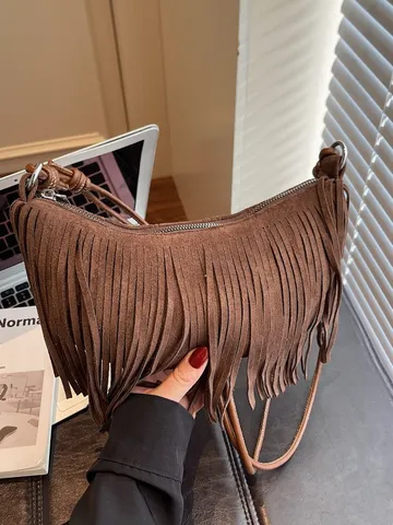 Damen Mode Umhängetasche PU Leder Einifarbig Quaste Schultertasche Retro Halbmond Knödel Handtasche