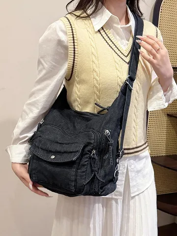 Γυναικείο Σακίδιο Πλάτης από Ντένιμ Casual Τσάντα Χιαστί με Πολλαπλές Τσέπες για Ταξίδι