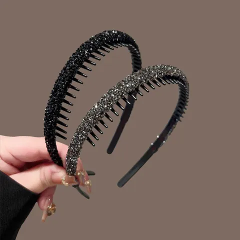 Women's Black Anti-Slip Tooth Headband Plastic Resin Hair Band Rhinestone Hair Accessories Daily Wash Face Headwear