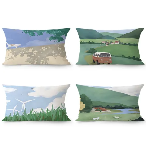 Housse de Coussin Décorative en Velours Nouveau Style Chinois Housse de Oreiller Rectangulaire en Peluche Douce avec Impression de Paysage Naturel pour Décoration de Maison de Canapé