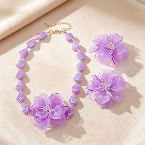 Fashion Acrylic Flower Resin Bead Necklace And Earrings Jewelry Set For Women Vacation Party Trendy Chic Accessories